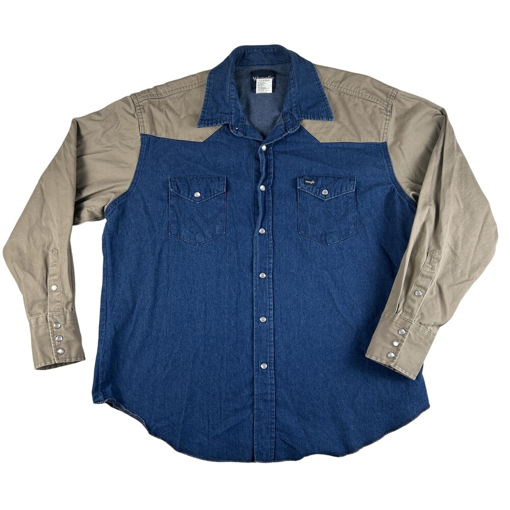 Vtg Wrangler Shirt Mens 2XL Blue Denim Colorblock Western Pearl Snap Long Sleeve